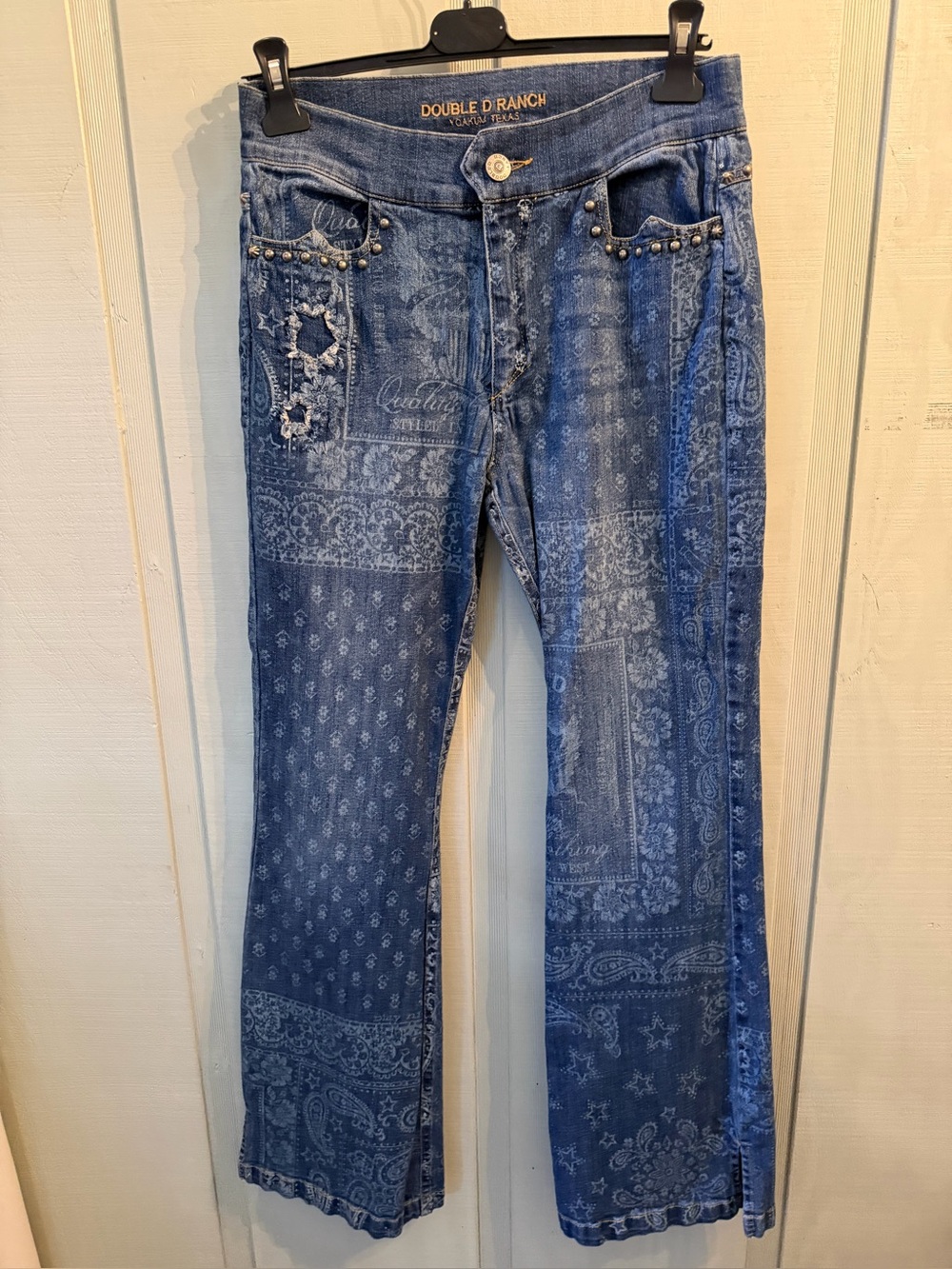 Double D Ranch Blue Paisley-Panel Flared Jeans with Stud Accents